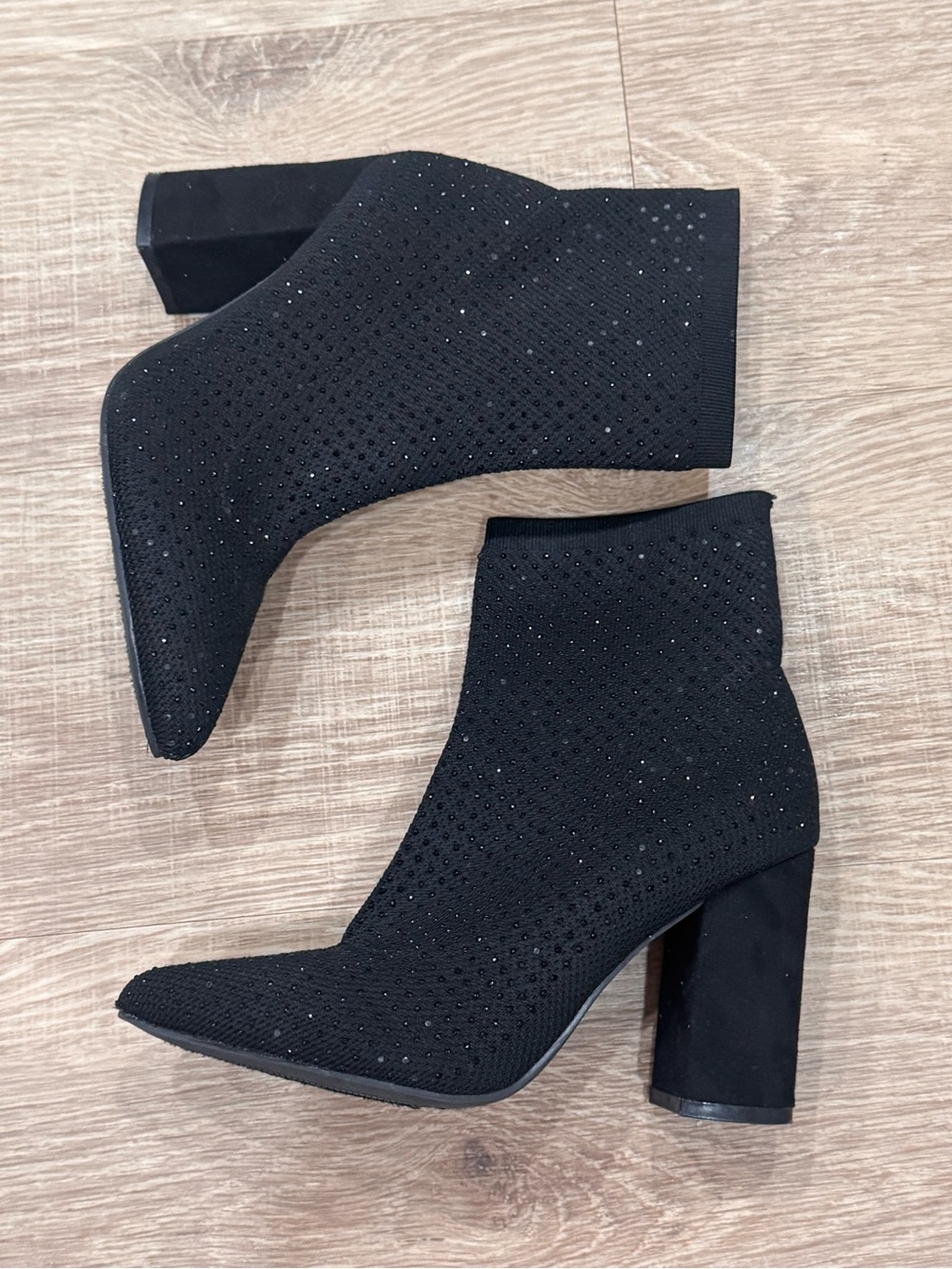 MIA Black Rhinestone Sock Booties Pointed Toe Block Heel Size 8